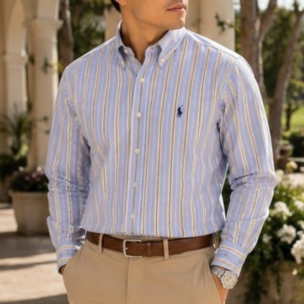Ralph Lauren Classic fit Oxford Preppy Button Down Shirt Blue Stripe Men's X